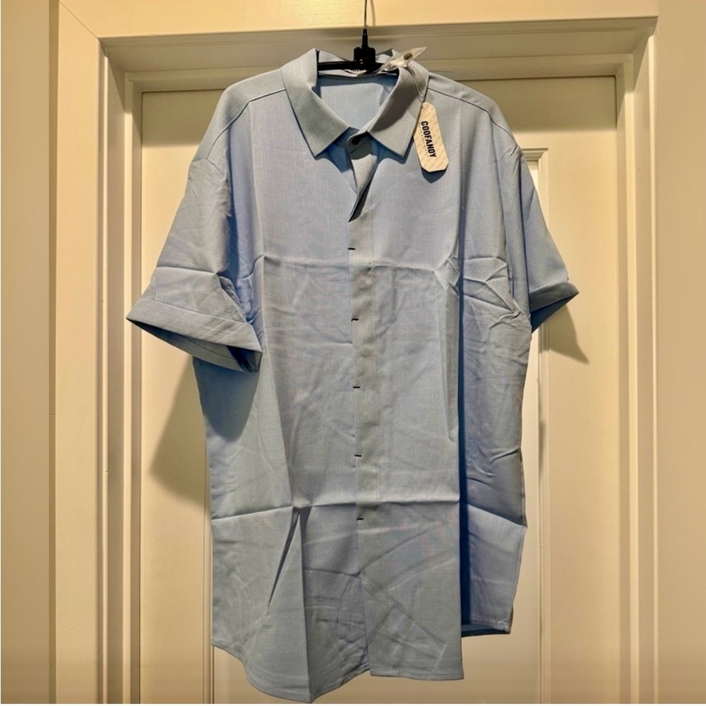 NWT Coofandy Men’s Blue Linen Blend Short Sleeve  Size L Casual Button Front